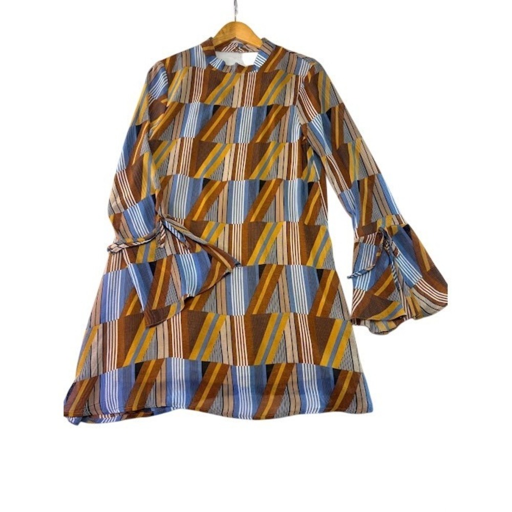 Loveriche Geometric Mini Dress Womens Blue Yellow Brown NWOT Bell Sleeve Tie